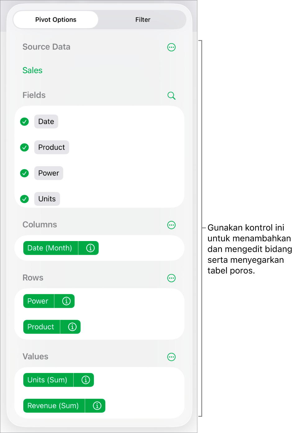 Menu Pilihan Poros menampilkan bidang di bagian Kolom, Baris, dan Nilai, serta kontrol untuk mengedit bidang.