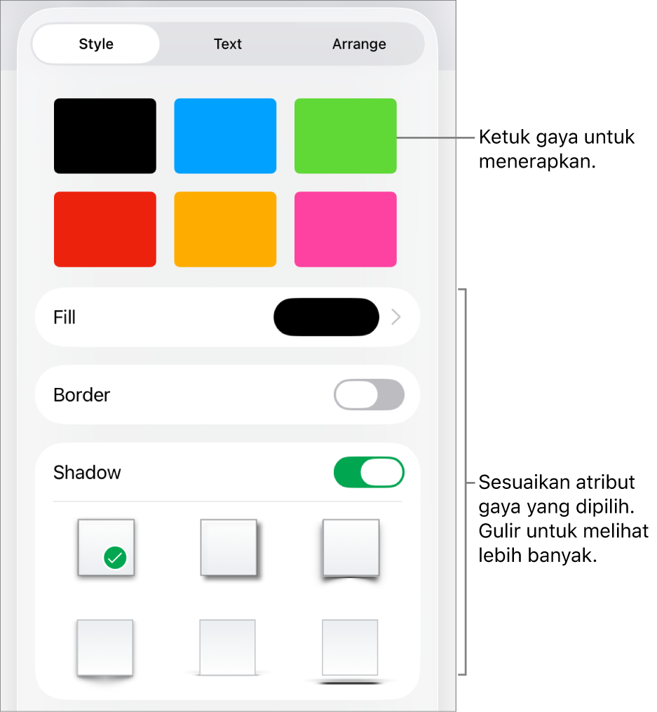 Tab Gaya menu Format dengan gaya objek di bagian atas dan kontrol di bawahnya untuk mengubah isi, tepi, dan bayangan.