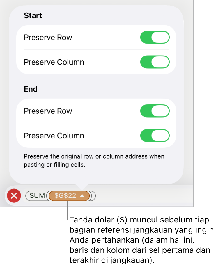 Kontrol untuk menentukan rujukan baris dan kolom sel mana yang harus disimpan jika sel dipindahkan atau disalin. Tanda dolar muncul sebelum setiap bagian rujukan cakupan yang ingin Anda pertahankan.