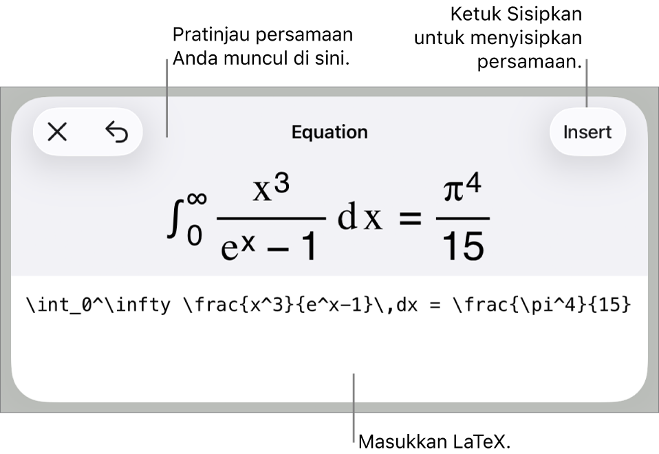Dialog Persamaan, menampilkan sebuah persamaan ditulis menggunakan perintah LaTex, dan pratinjau formula di atas.