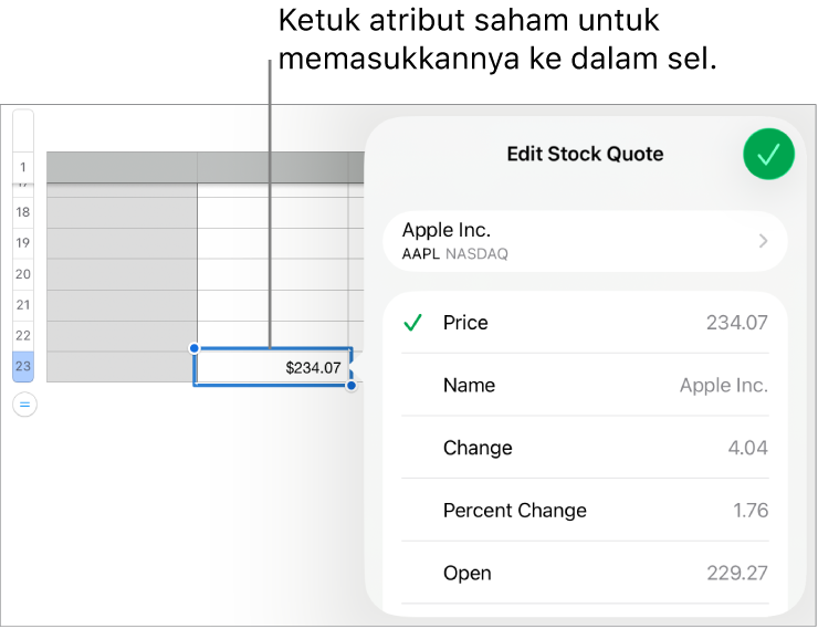 Popover harga saham, dengan nama saham di bagian atas, dan atribut saham yang dapat dipilih meliputi harga, nama, perubahan, persentase perubahan, pembukaan, dan tinggi dicantumkan di bawah.