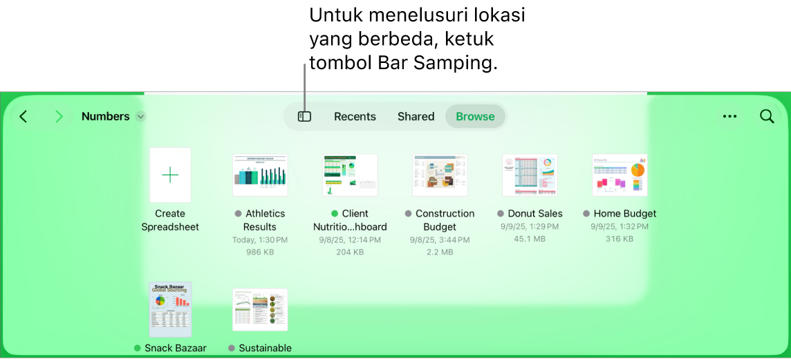 Tampilan telusur pengelola dokumen dengan tautan lokasi di pojok kiri atas dan di bawahnya terdapat bidang Cari. Di pojok kanan atas terdapat tombol Tambah Spreadsheet; tombol Folder Baru; menu pop-up untuk menggunakan tampilan daftar atau ikon, dan untuk memfilter menurut nama, tanggal, ukuran, jenis, dan label; serta tombol Pilih. Di bawah ini terdapat gambar mini dari spreadsheet yang ada.