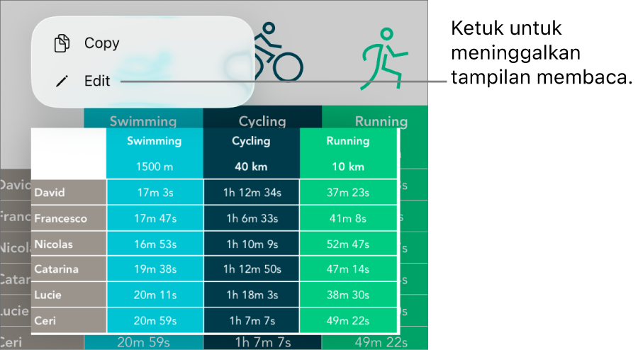 Sel tabel dipilih, dan di atasnya terdapat menu dengan tombol Salin dan Edit.