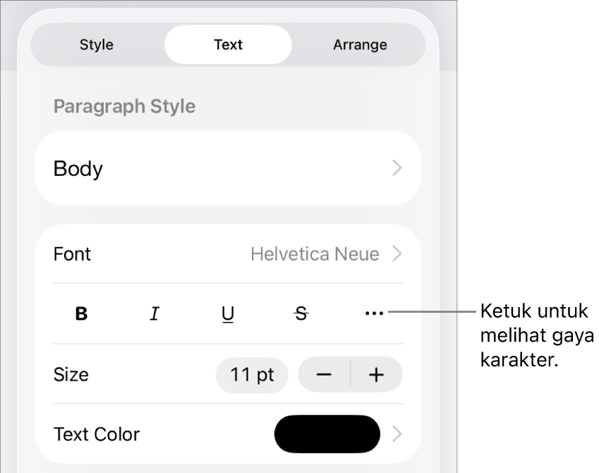 Kontrol Format dengan gaya paragraf di bagian atas, lalu kontrol Font. Di bawah Font terdapat tombol Tebal, Garis Bawah, Coret, dan Pilihan Teks Lainnya.