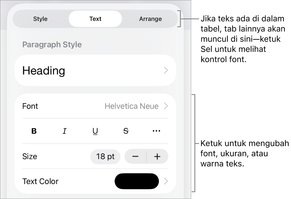 Kontrol teks di menu Format untuk mengatur paragraf dan gaya karakter, font, ukuran, dan warna.