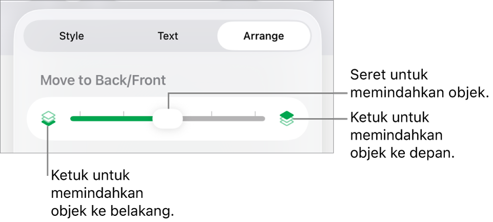 Tombol Pindahkan ke Belakang, tombol Pindahkan ke Depan, dan penggeser lapisan.