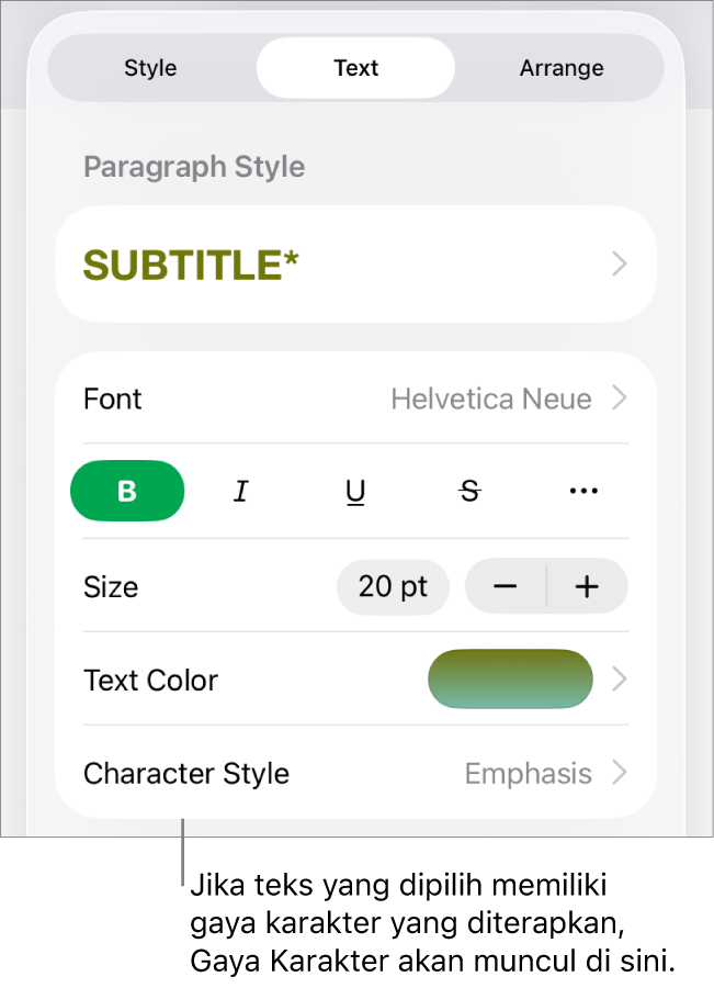 Kontrol pemformatan Teks dengan Gaya Karakter di bawah kontrol Warna. Gaya karakter Tidak Ada muncul dengan asterisk.