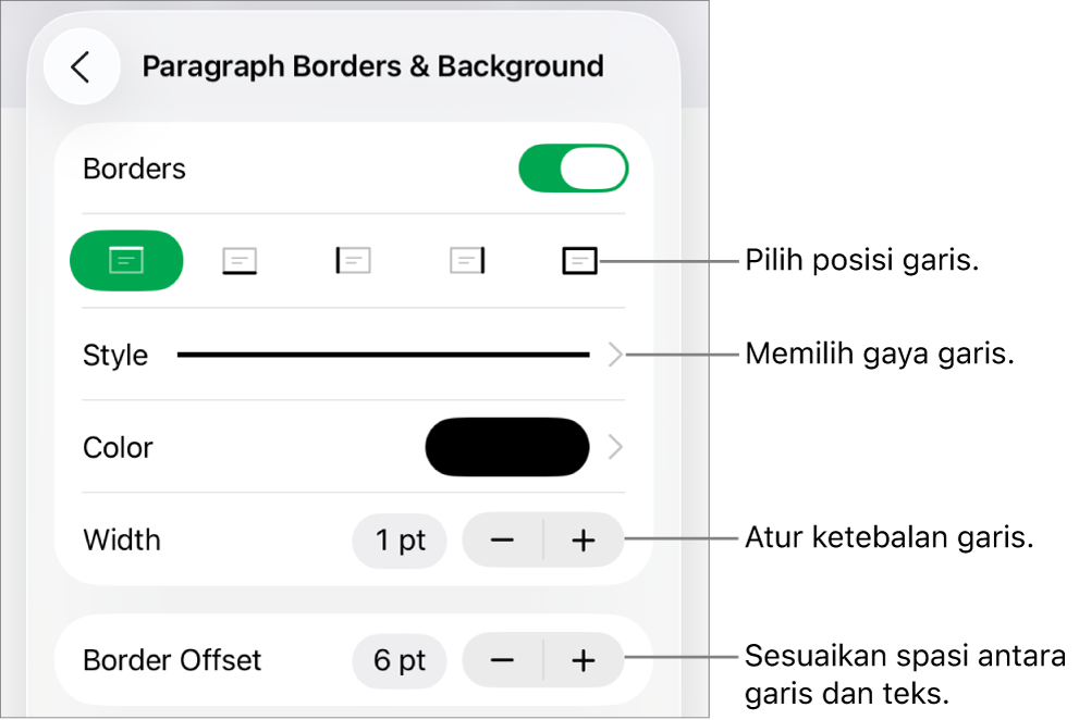 Kontrol untuk mengubah gaya, ketebalan, posisi, dan warna garis.