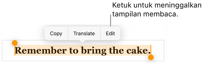 Kalimat dipilih, dan di atasnya terdapat menu kontekstual dengan tombol Salin dan Edit.
