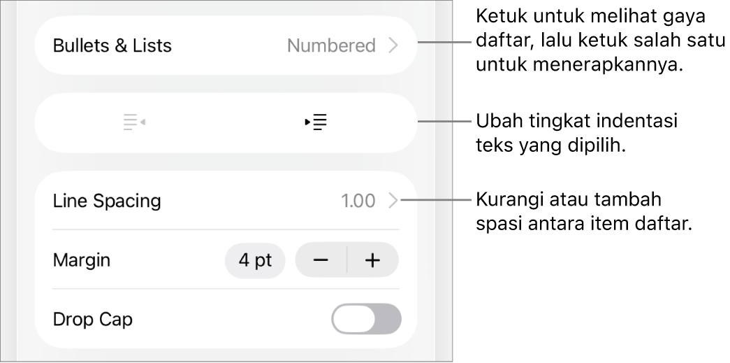 Bagian Poin & Daftar dari kontrol Format dengan keterangan ke Poin & Daftar, tombol indentasi luar dan indentasi dalam, serta kontrol spasi baris.