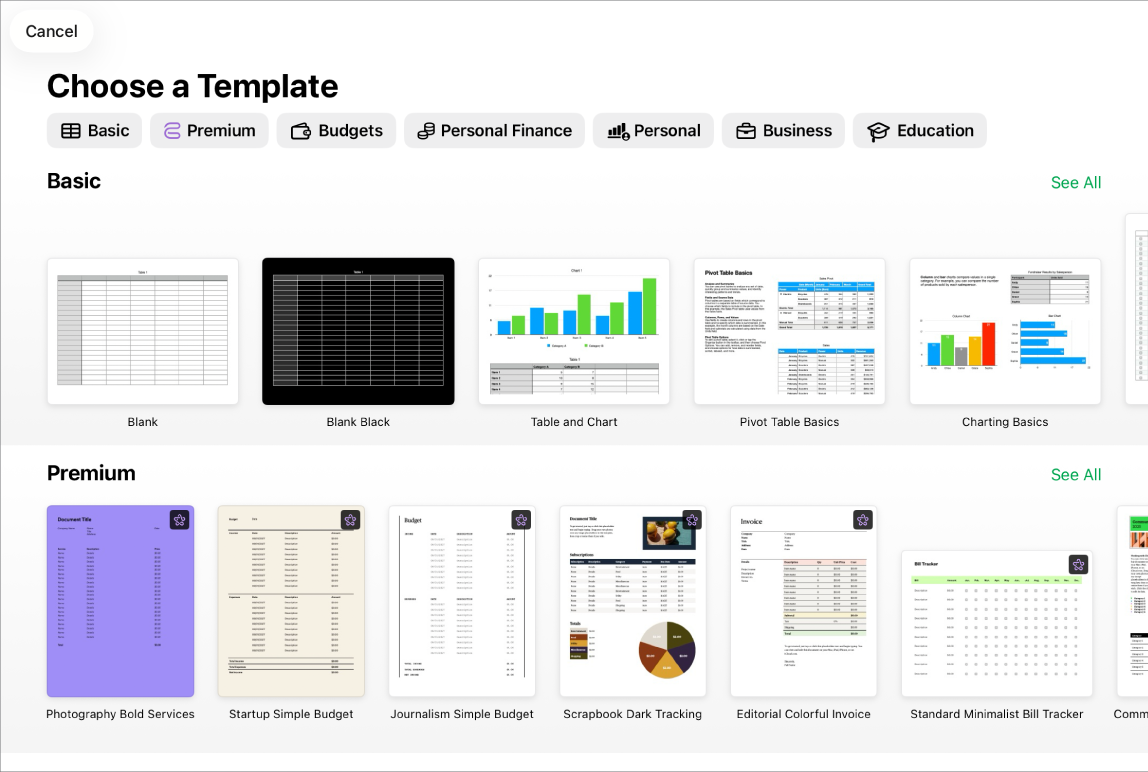 Pemilih template, menampilkan baris kategori di sepanjang bagian atas yang dapat Anda ketuk untuk memfilter pilihan. Di bawah terdapat gambar mini template yang dirancang sebelumnya yang diatur dalam baris menurut kategori.