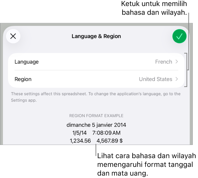 Panel Bahasa dan Wilayah dengan kontrol untuk bahasa dan wilayah, serta contoh format termasuk tanggal, waktu, desimal, dan mata uang.