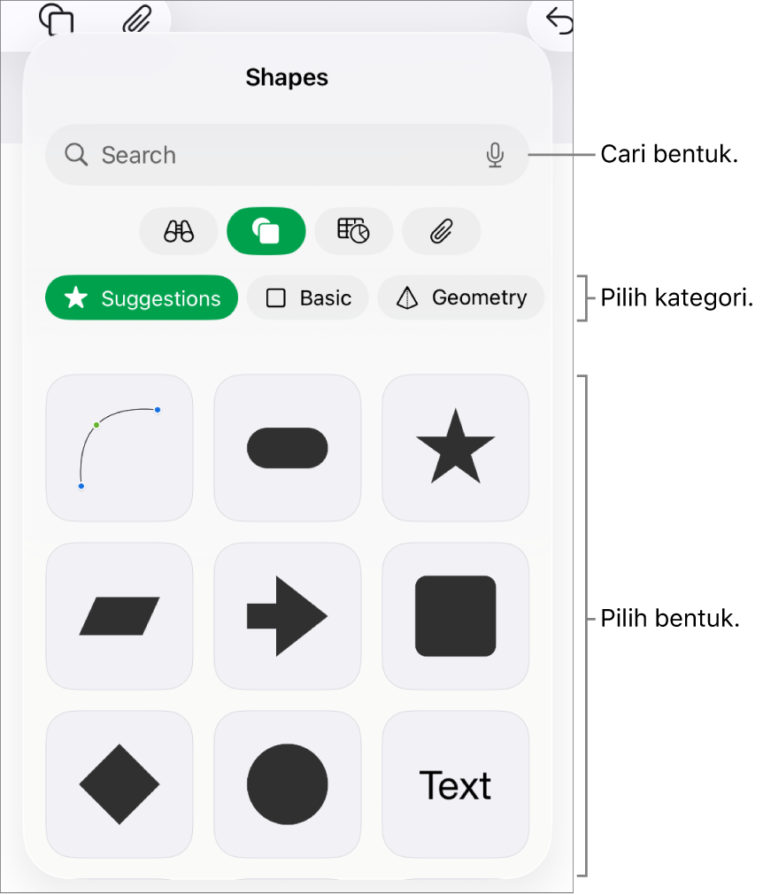Perpustakaan bentuk, dengan kategori di bagian atas dan bentuk ditampilkan di bawah. Anda dapat menggunakan bidang pencarian di bagian atas untuk menemukan bentuk dan menggesek untuk melihat lainnya.
