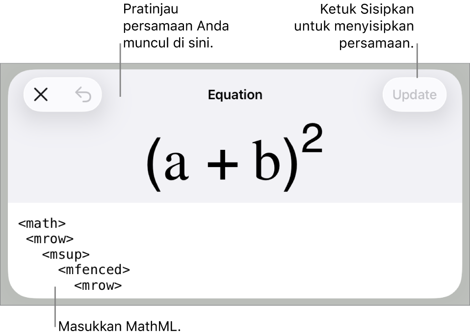 Dialog Persamaan, menampilkan sebuah persamaan ditulis menggunakan perintah MathML, dan pratinjau formula di atas.