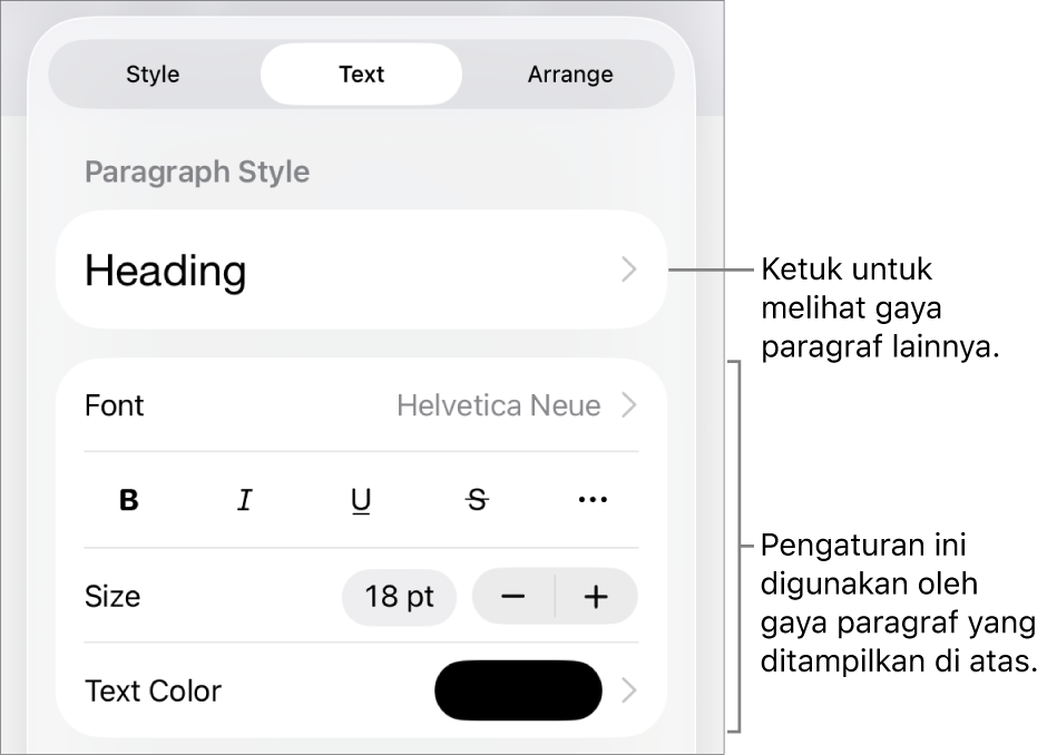 Menu Format menampilkan kontrol teks untuk mengatur paragraf dan gaya karakter, font, ukuran, dan warna.