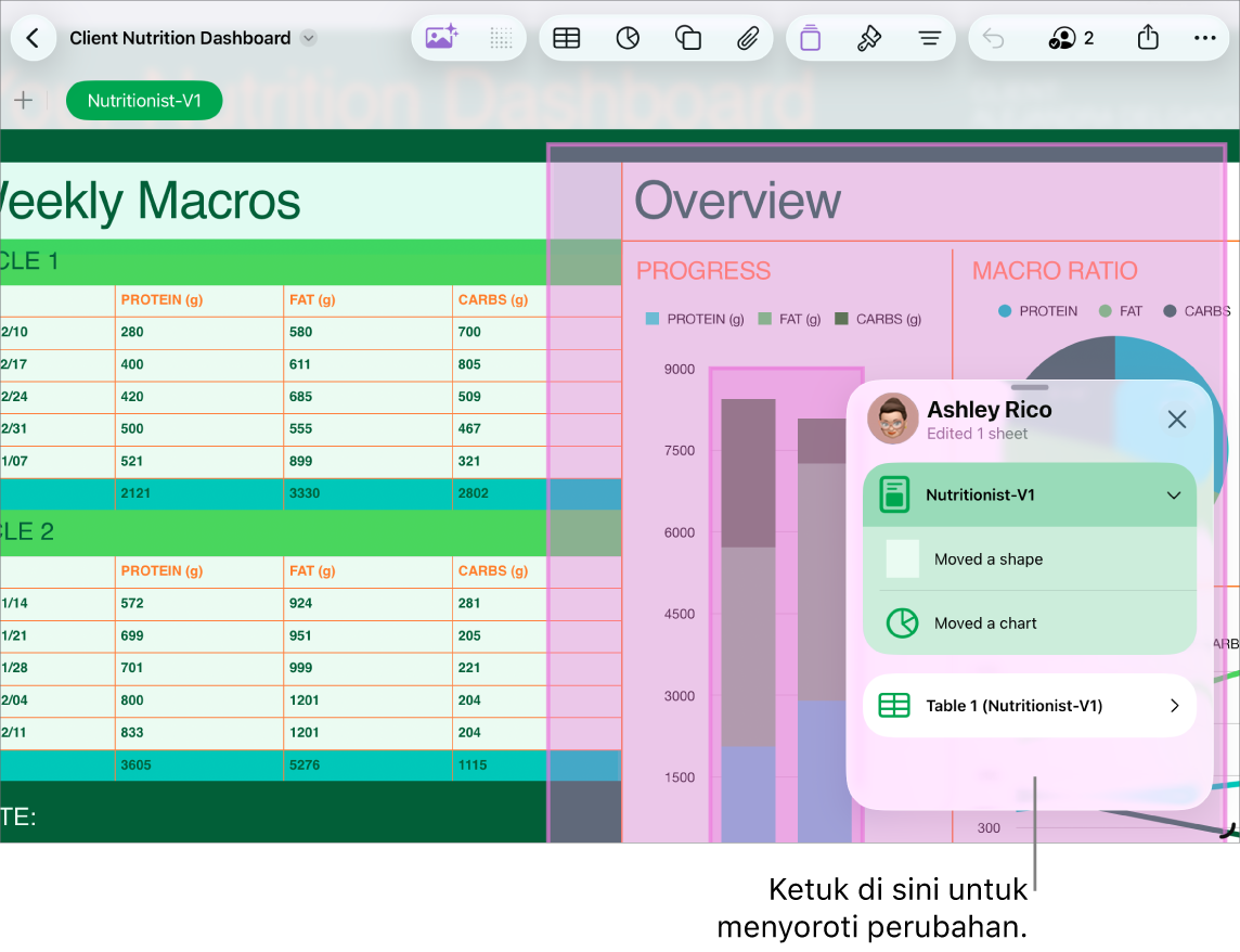 Spreadsheet kolaboratif dengan daftar aktivitas terbuka.