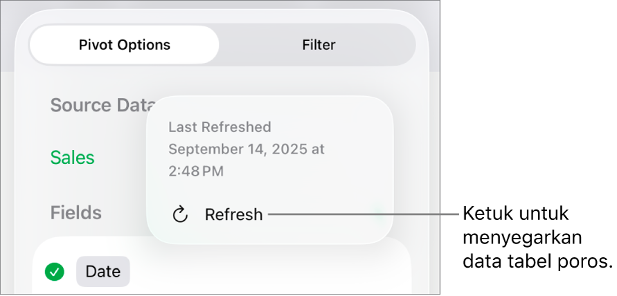 Menu Pilihan Poros menampilkan pilihan untuk menyegarkan tabel poros.