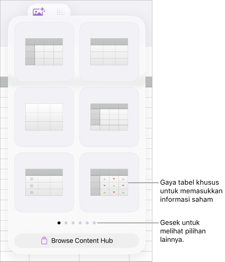 Popover tabel menampilkan gambar mini gaya tabel, dengan gaya khusus untuk memasukkan informasi saham di pojok kanan bawah. Enam titik di bagian bawah menunjukkan bahwa Anda dapat menggesek untuk melihat gaya lainnya.