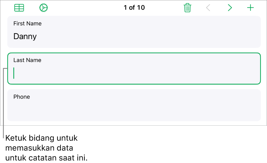 Catatan di formulir menampilkan bidang aktif dengan titik penyisipan.