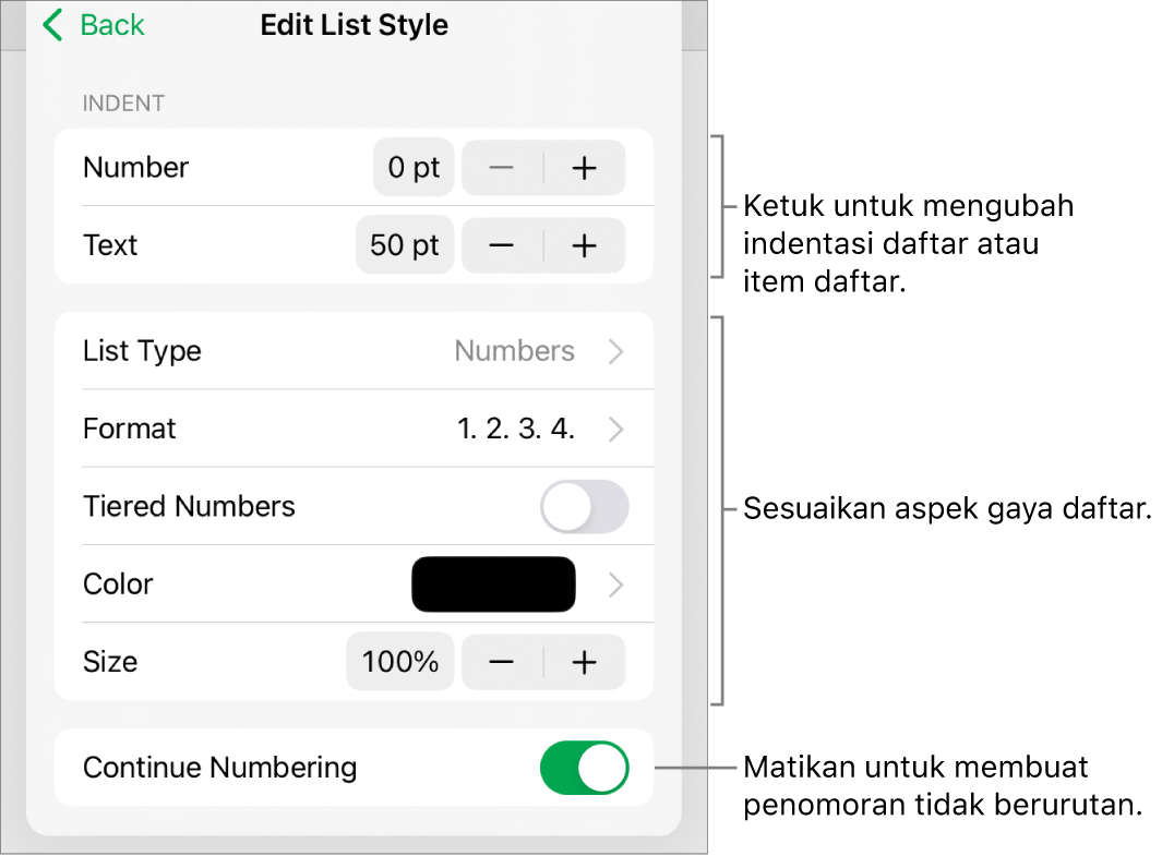 Menu Edit Gaya Daftar untuk spasi indentasi, jenis dan format daftar, penomoran bertingkat, warna dan ukuran daftar, serta penomoran berkelanjutan.