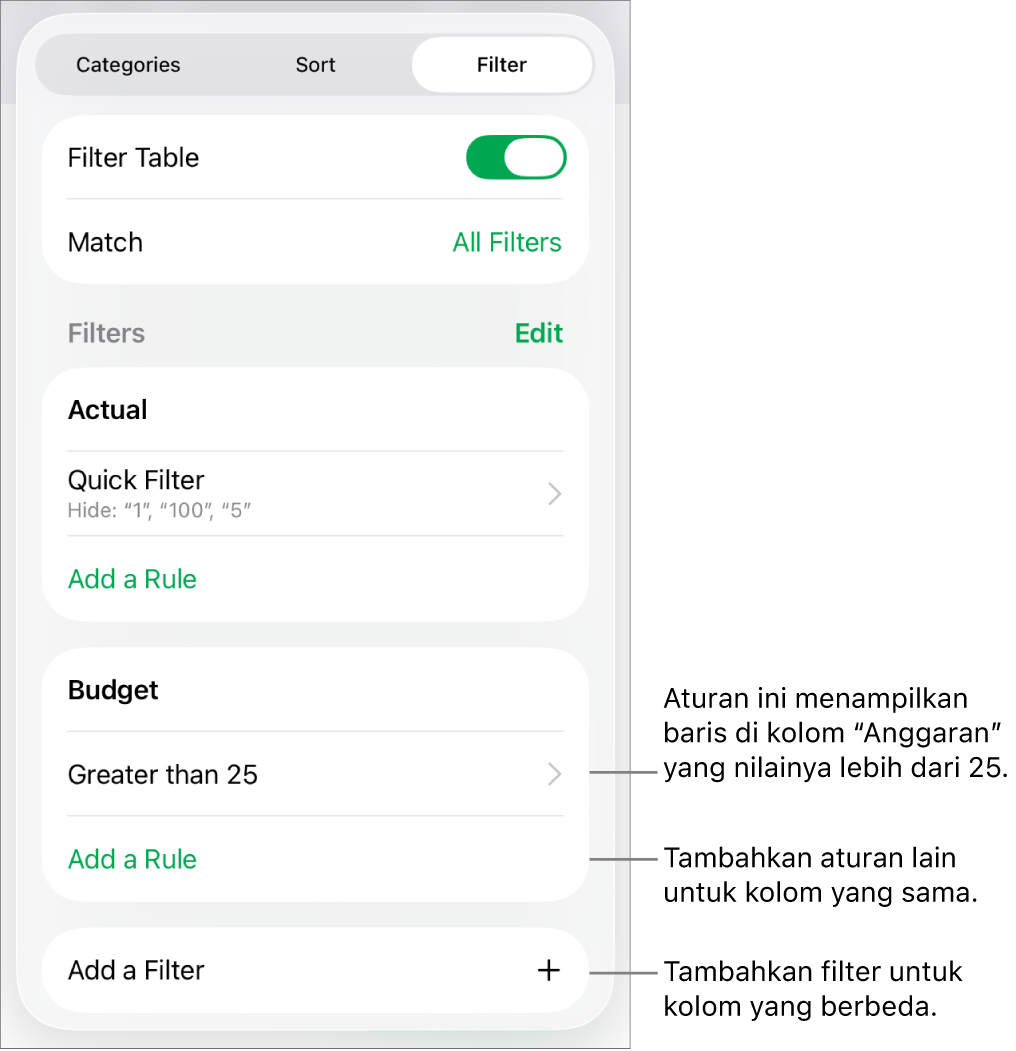 Kontrol untuk menambahkan aturan pemfilteran baru atau mengedit aturan yang ada.