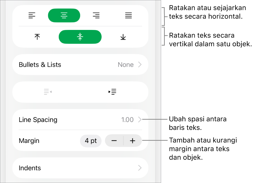 Bagian Tata Letak pada Inspektur format dengan keterangan pada tombol perataan teks dan spasi.