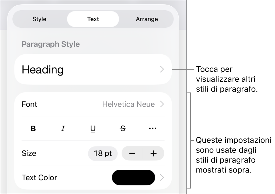 Menu Formato con controlli di testo per impostare stili carattere e paragrafo, font, dimensione e colore.