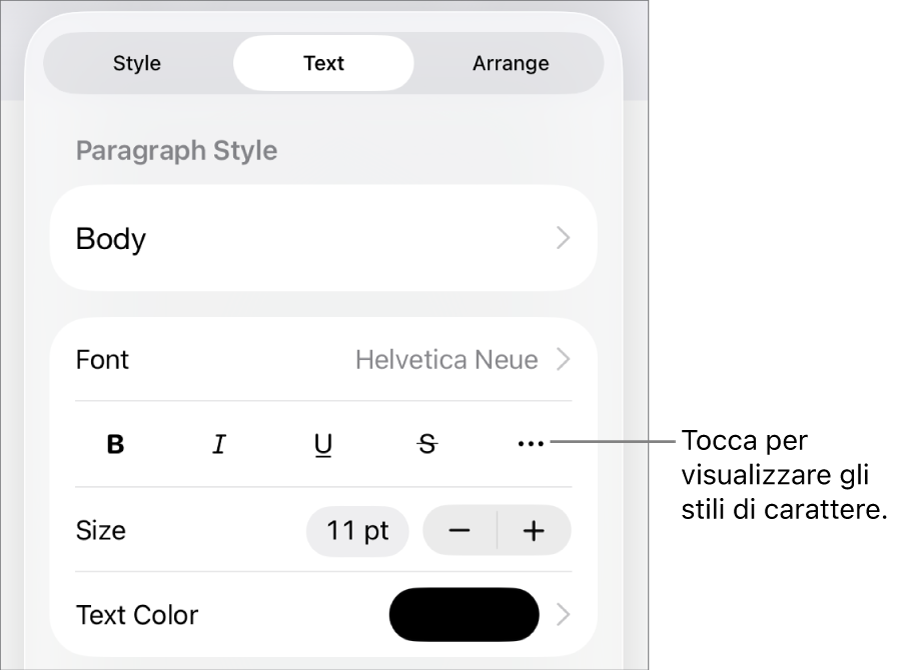 I controlli Formato con gli stili di paragrafo nella parte superiore, quindi i controlli Font. Sotto Font sono presenti i pulsanti Grassetto, Corsivo, Sottolineato, Barrato e “Altre opzioni di testo”.