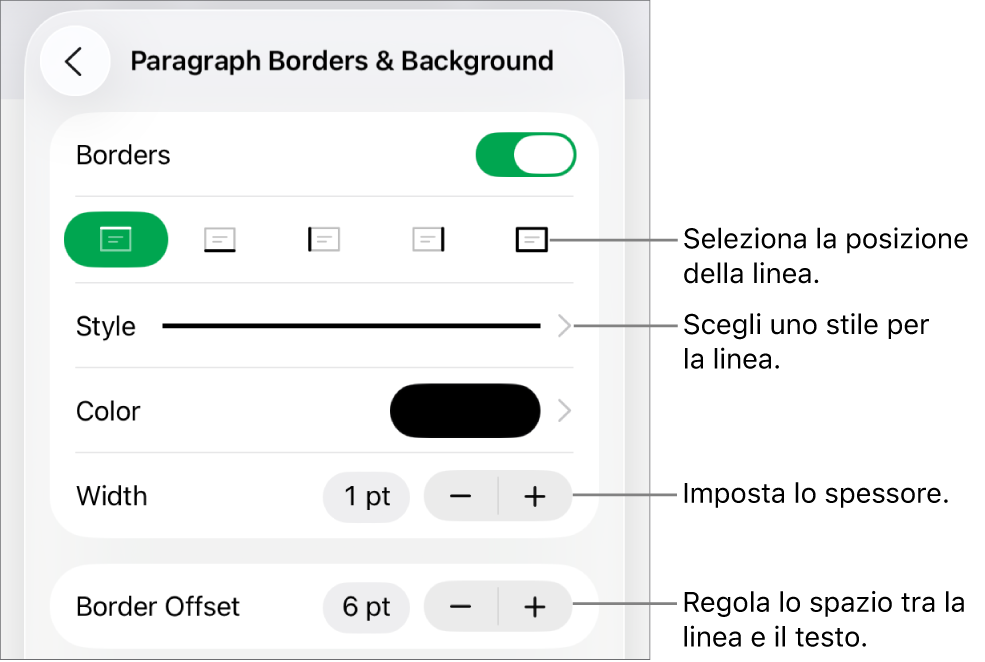 Controlli per modificare lo stile, lo spessore, la posizione e il colore della linea.