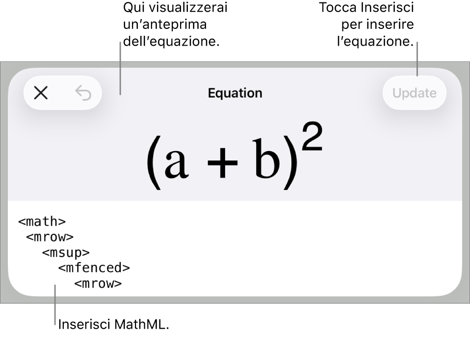 La finestra di dialogo Equazione che mostra l’equazione scritta tramite comandi MathML e un’anteprima della formula di cui sopra.