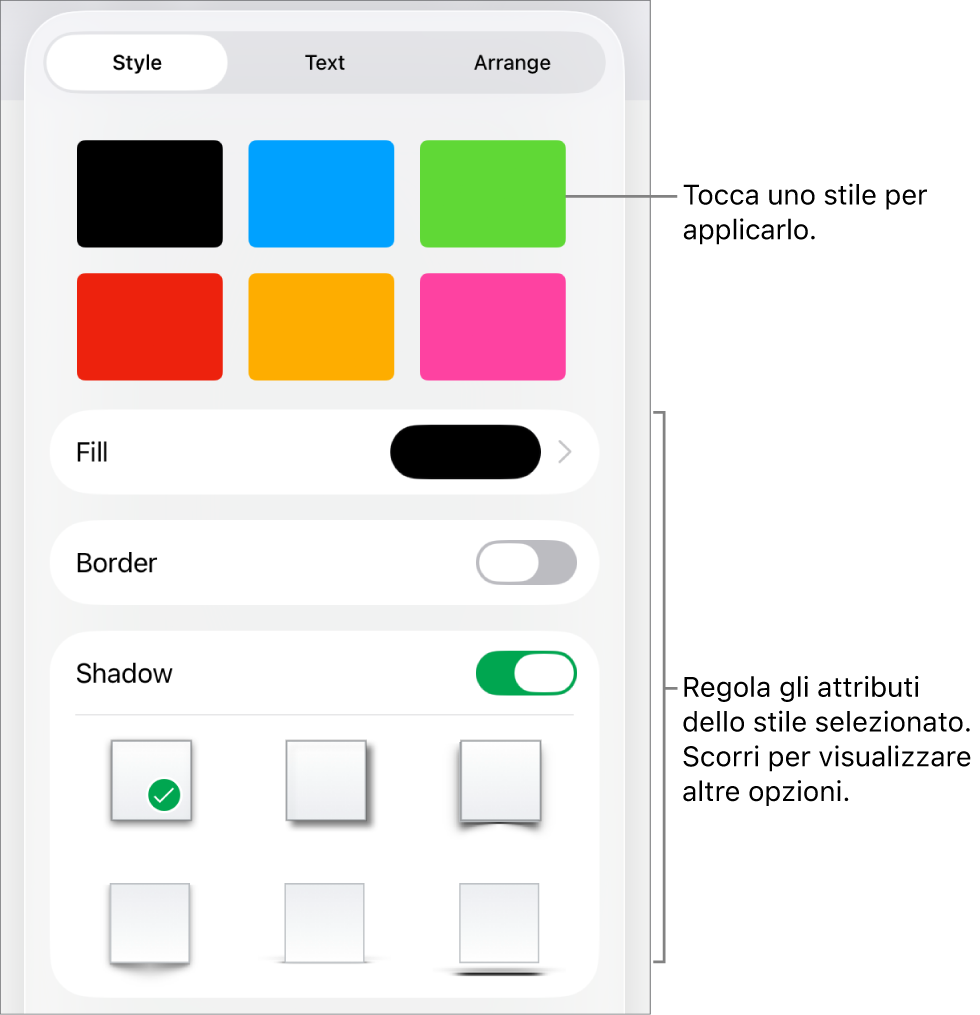 Pannello Stile del menu Formato con gli stili dell’oggetto in alto e un controllo sottostante per cambiare riempimento, bordo e ombra.
