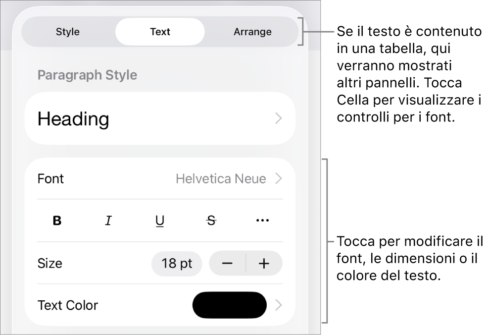 Controlli di testo nel menu Formattazione per impostare stili di carattere e paragrafo, font, dimensione e colore.