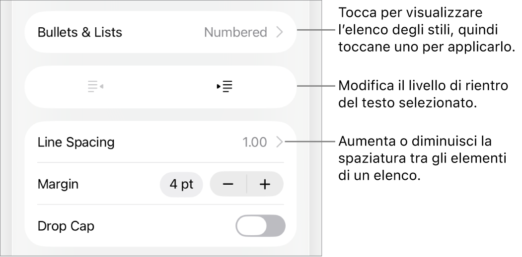 La sezione “Elenchi puntati” dei controlli di Formato, con didascalie per “Elenchi puntati”, i pulsanti per aumentare e ridurre il rientro e i controlli di “Spaziatura linea”.
