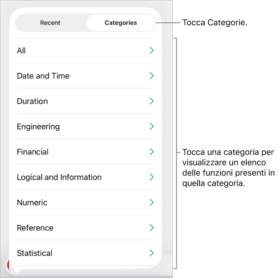 Il browser funzioni con il pulsante Categorie selezionato e l’elenco delle categorie sotto.