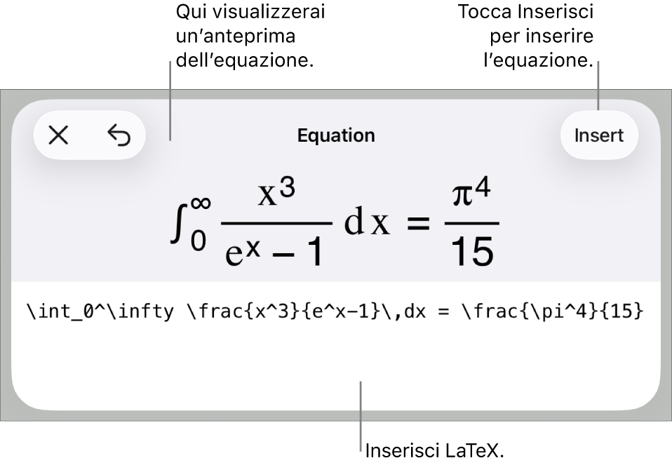 La finestra di dialogo Equazione con l’equazione scritta tramite comandi LaTeX e un’anteprima della formula di cui sopra.