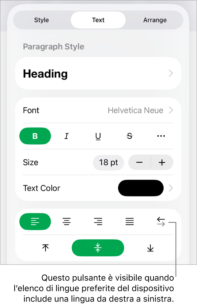 Sezione Stile del pulsante Formato con una didascalia per il pulsante “Da destra a sinistra”.