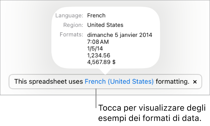 La notifica della diversa impostazione di lingua e zona, con esempi dei formati.