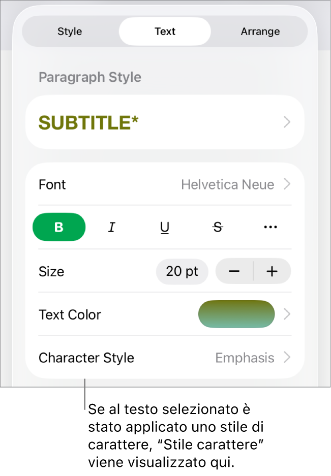 Controlli di Formato con “Stile carattere” sotto i controlli di Colore. Stile carattere Nessuno compare con un asterisco.