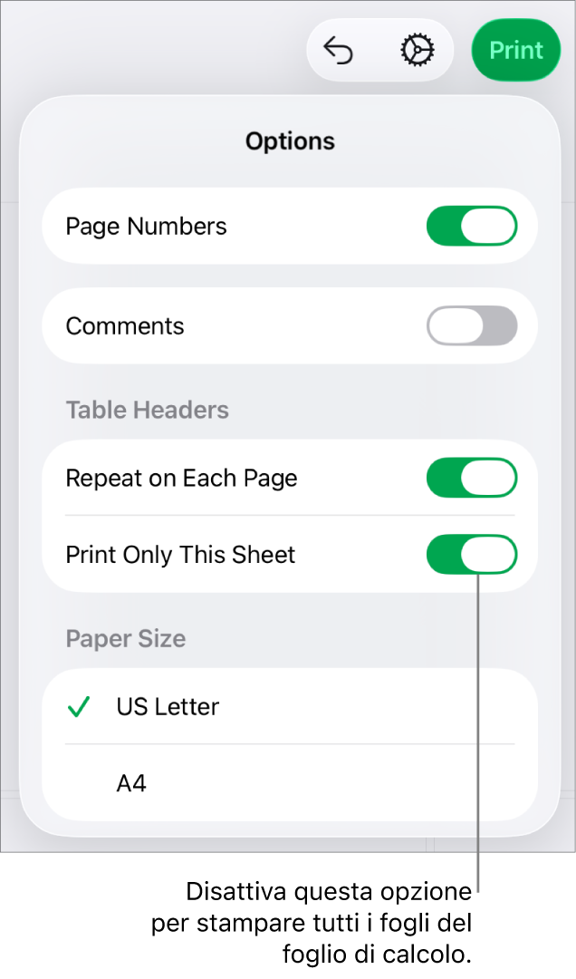 Pannello dell’anteprima di stampa con controlli per visualizzare i numeri di pagina, ripetere le intestazioni su ogni pagina, modificare le dimensioni della pagina e scegliere se stampare l’intero foglio di calcolo o solo il foglio attuale.