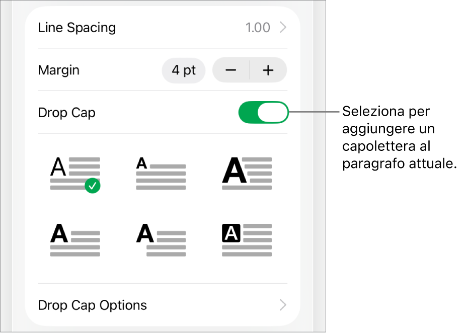 I controlli Capolettera situati nel menu Testo.