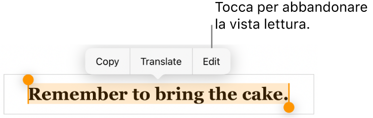 Viene selezionata una frase e al di sopra di essa si trova un menu contestuale con i pulsanti Copia e Modifica.