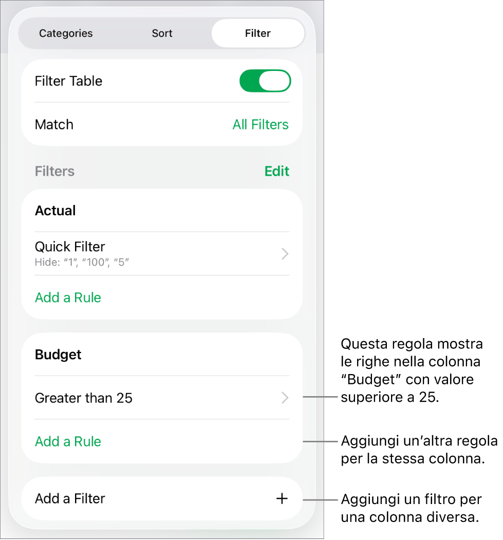 Controlli per l’aggiunta di nuove regole di filtro o per modificare quelle esistenti.