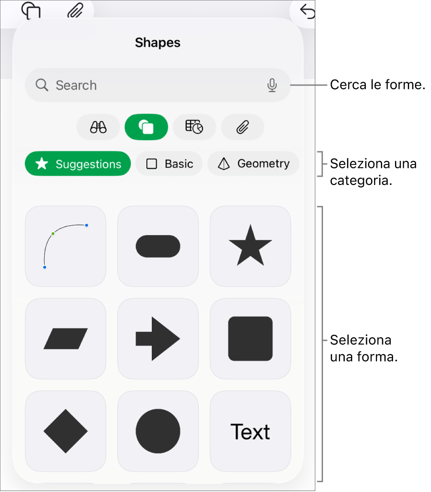 La libreria forme, con le categorie nella parte superiore e le forme visualizzate sotto. Puoi usare il campo di ricerca nella parte superiore per trovare forme e scorrere per visualizzarne di più.