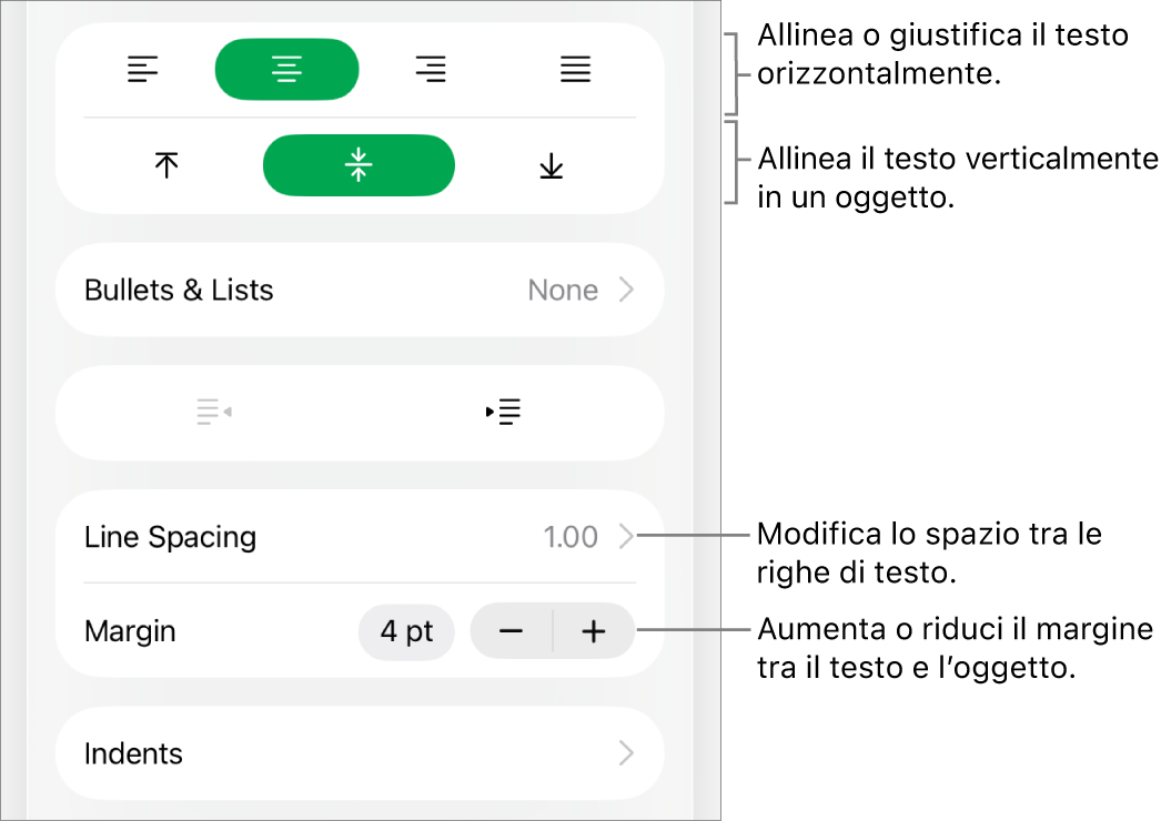 Sezione Layout dell’inspector Formattazione con didascalie per i pulsanti di allineamento e spaziatura del testo.