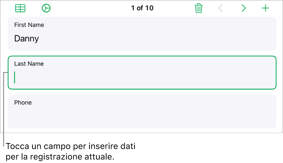 Una registrazione in un modulo che mostra un campo attivo con un punto di inserimento.