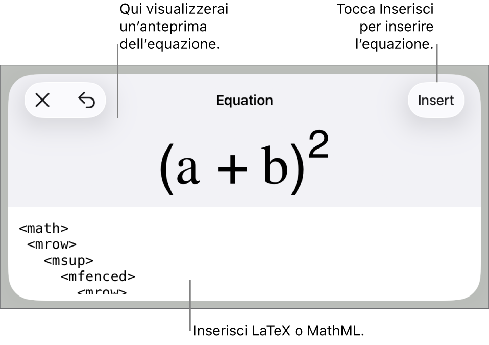 La finestra di dialogo Equazione che mostra l’equazione scritta tramite comandi MathML e un’anteprima della formula di cui sopra.