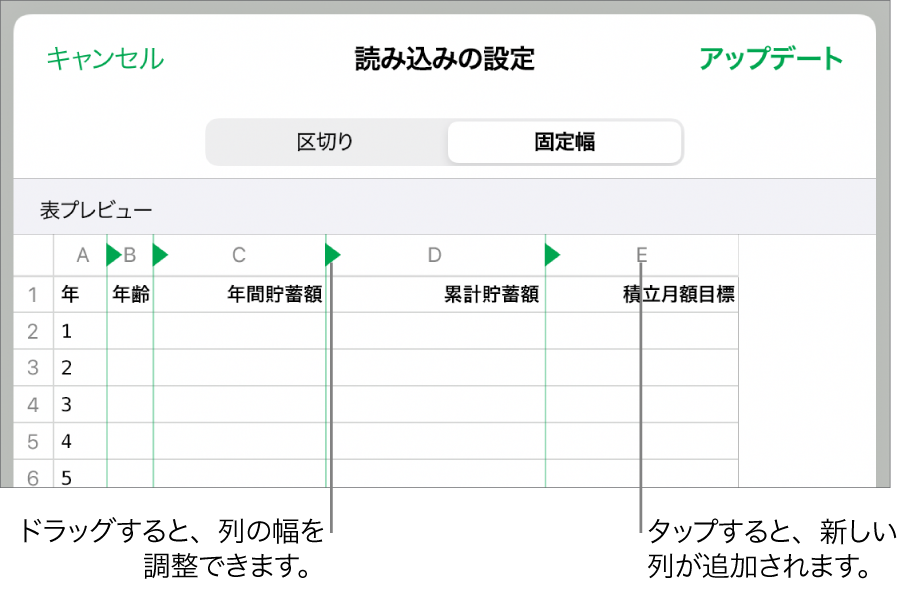 固定幅のテキストファイルの読み込み設定。