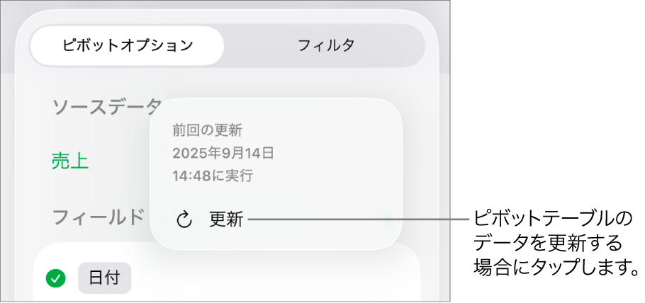 「ピボットオプション」メニュー。ピボットテーブルを更新するためのオプションが表示されています。