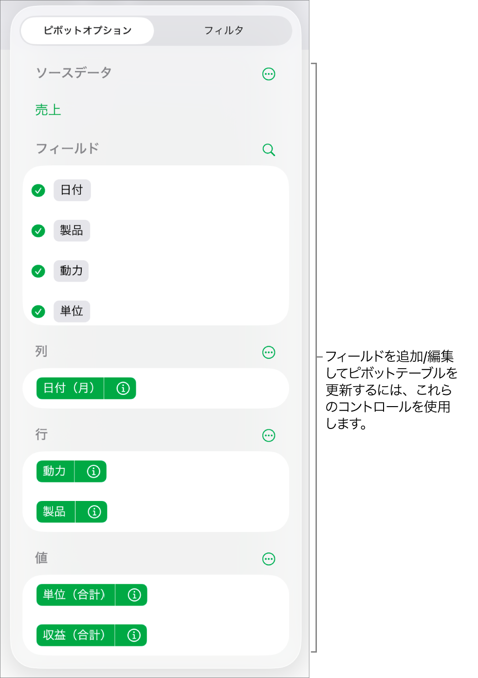 「ピボットオプション」メニュー。「列」、「行」、および「値」の各セクションのフィールドと、フィールドを編集するためのコントロールが表示されています。
