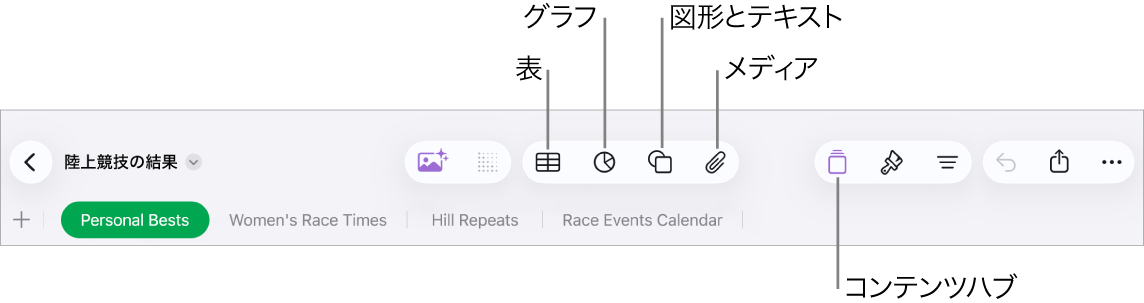 オブジェクトを追加するコントロール。表、グラフ、図形（線やテキストボックスを含む）、およびメディアを選択するためのボタンが上部に表示された状態。